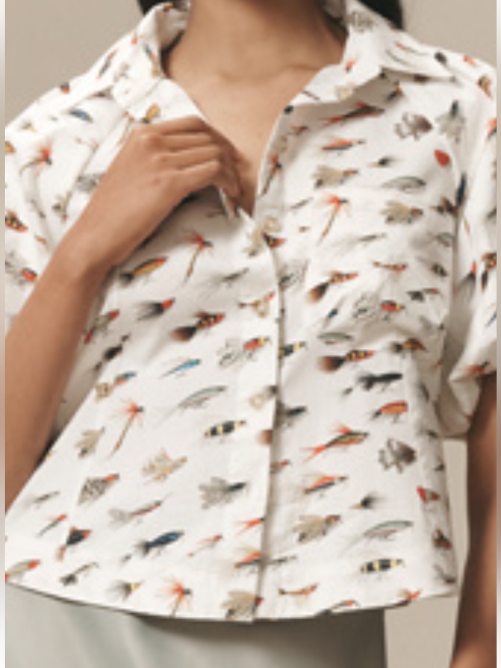 NWT Maeve Zooey bubble sleeve buttondown, fly fish pattern